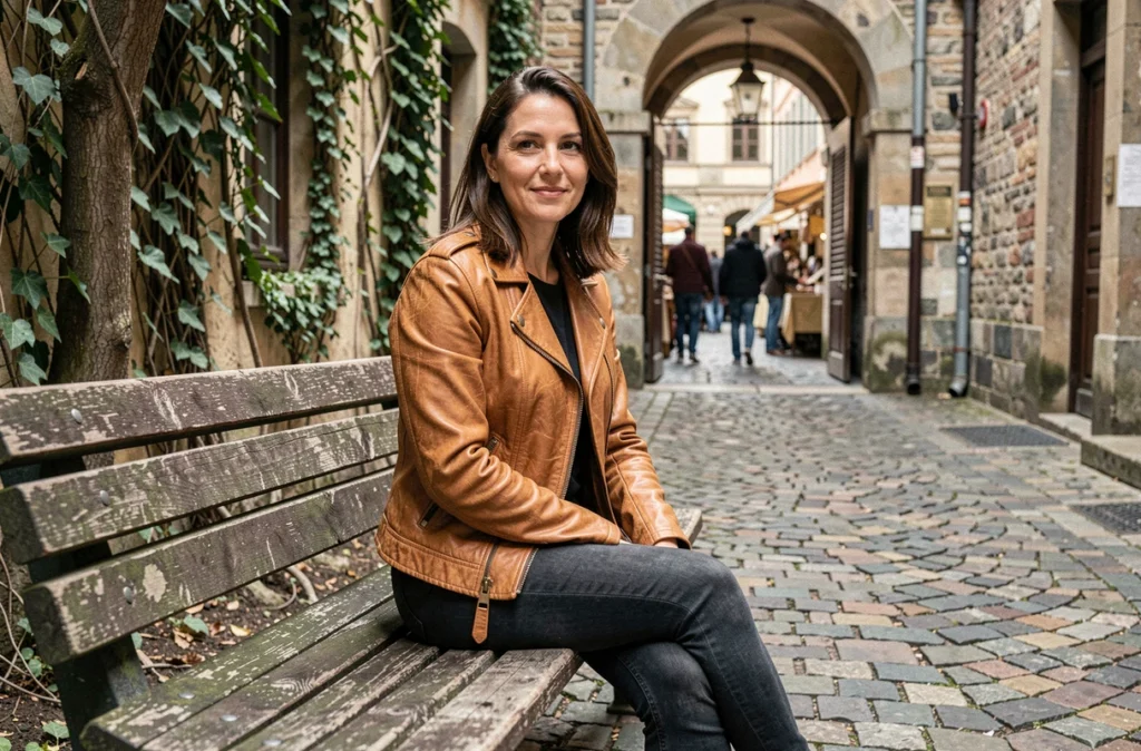 Femme portant une veste en cuir caramel vintage à patine naturelle, assise dans une cour pavée européenne
