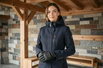 Femme portant une veste de ski haut de gamme bleu marine dans un chalet alpin moderne, illustrant l'investissement mode dans les vêtements de ski de luxe