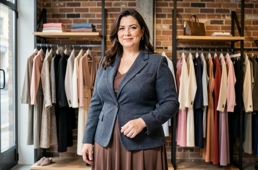 Femme grande taille élégante en veste structurée devant les rayons colorés de la boutique Anacapri à Saint-Étienne, décor urbain industriel
