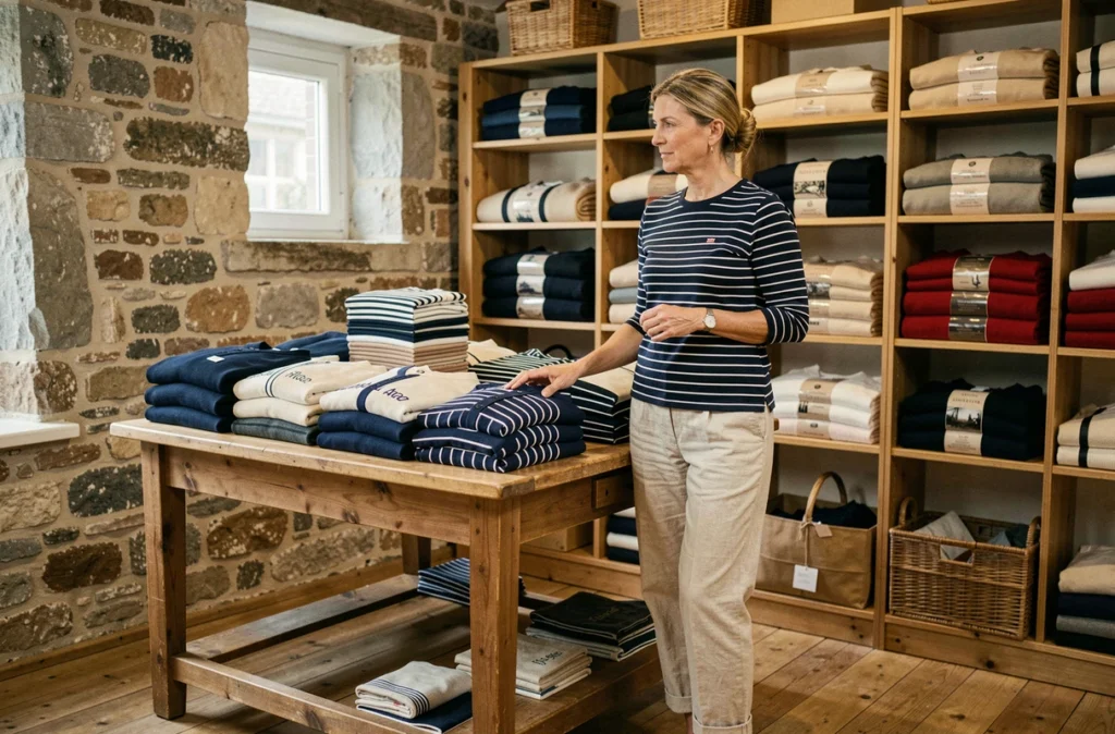 Femme portant une marinière rayée Armor Lux dans la boutique de Quimper, ambiance maritime et artisanale bretonne