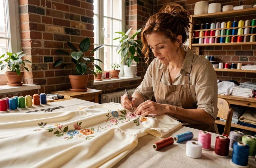 Couturière brodant à la main une robe de mariée en soie crème dans l'atelier Chamaï à Brest