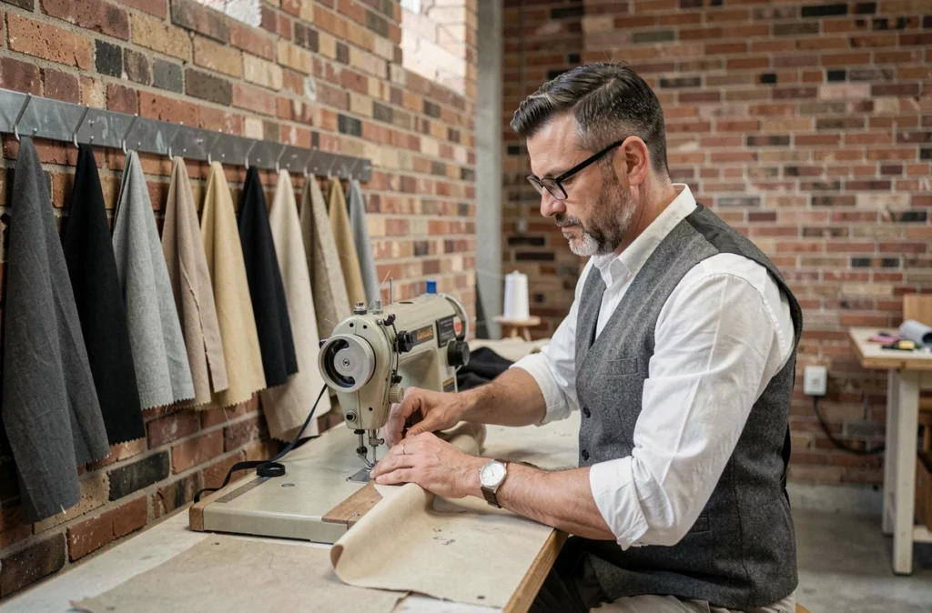 Tailleur masculin concentré travaillant sur une machine à coudre industrielle dans l'atelier minimaliste d'Atelier Kost