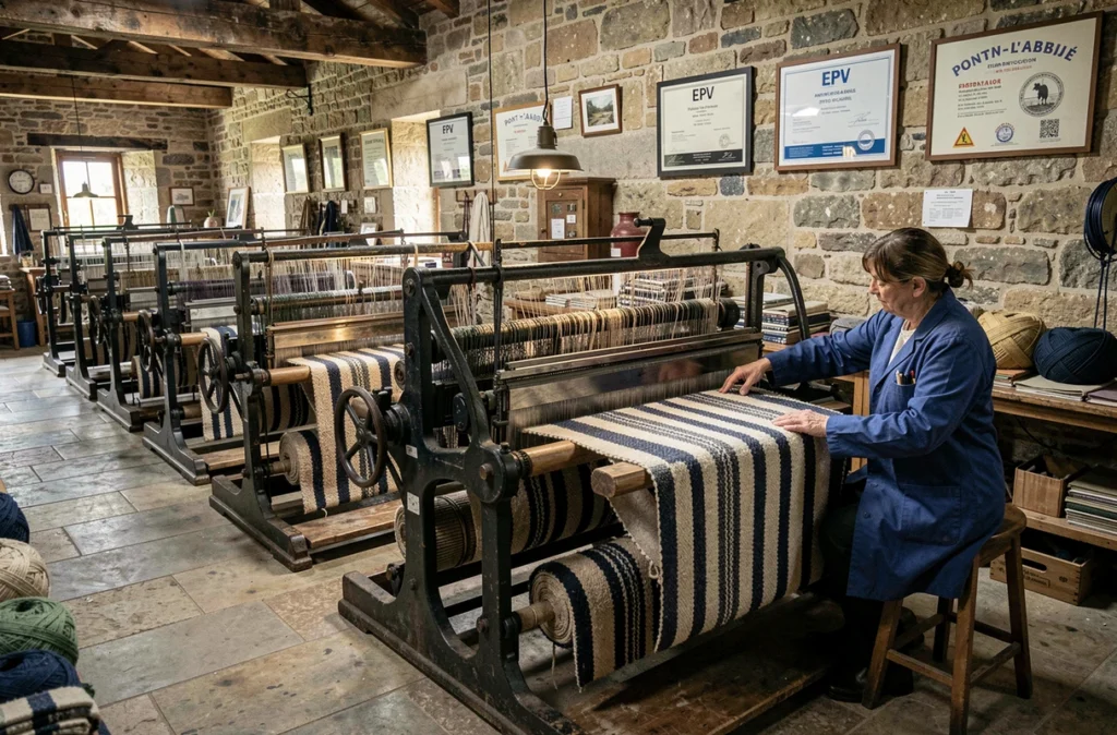 Métiers à tisser traditionnels et ouvrière en blouse bleue dans l'atelier Le Minor à Pont-l'Abbé, labellisé Entreprise du Patrimoine Vivant
