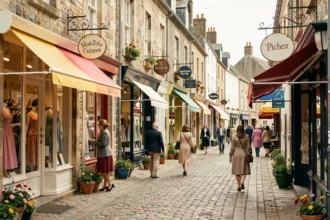 Rue commerçante bretonne avec boutiques de prêt-à-porter féminin aux façades en pierre et vitrines colorées