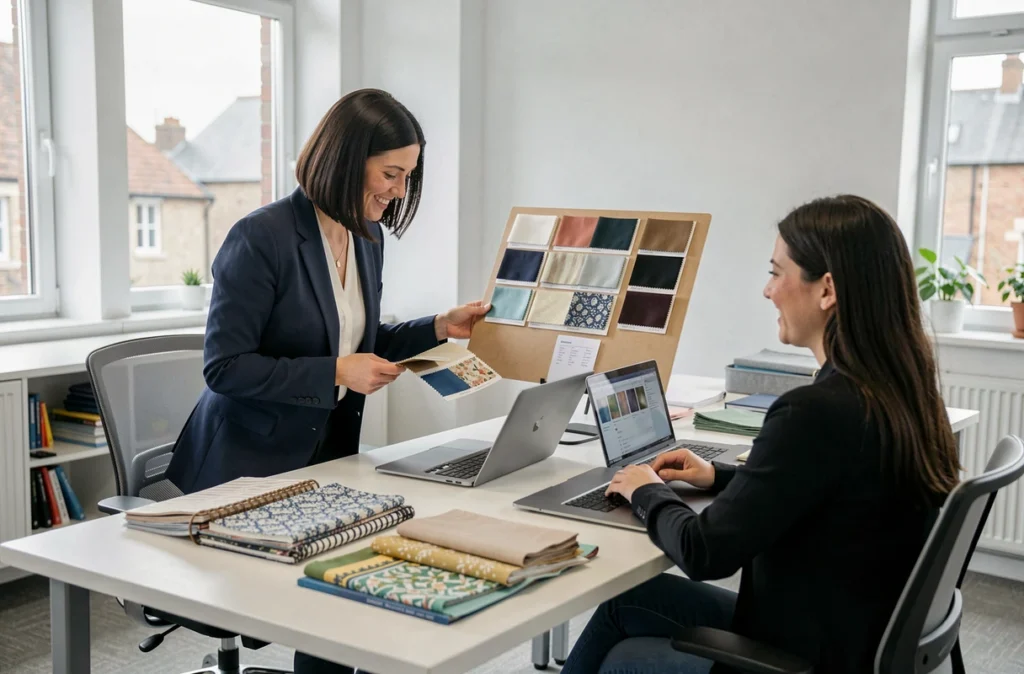 Styliste du réseau Buuyers présentant des échantillons de tissu et un moodboard à une cliente lors d'une consultation en Bretagne