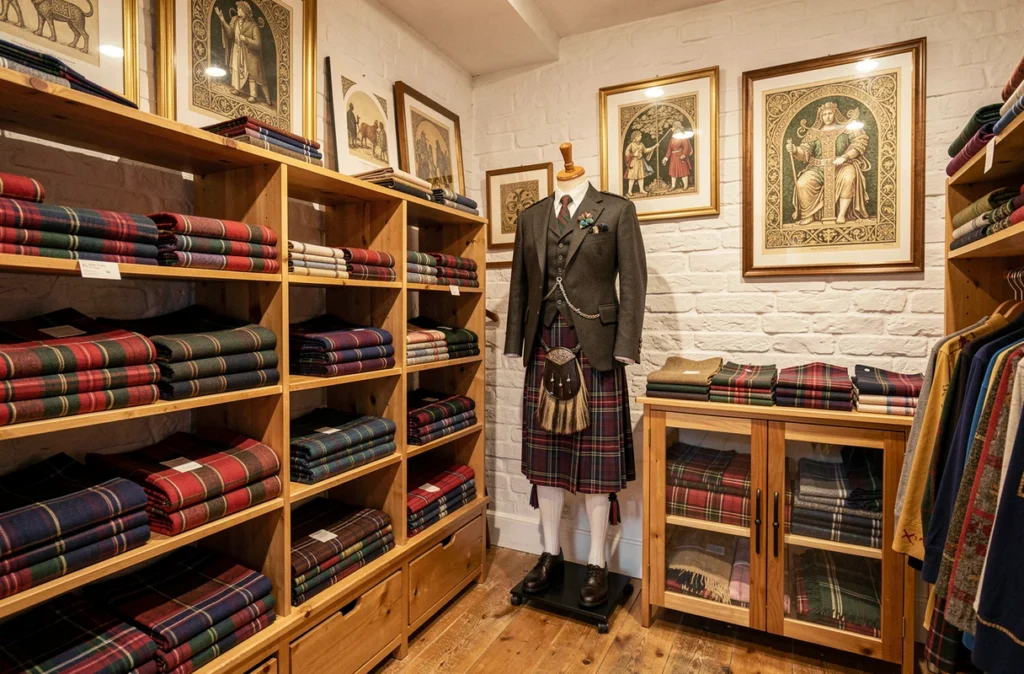 Étagères de kilts en tartan colorés et mannequin en costume traditionnel dans la boutique Celtic Corner à Lorient