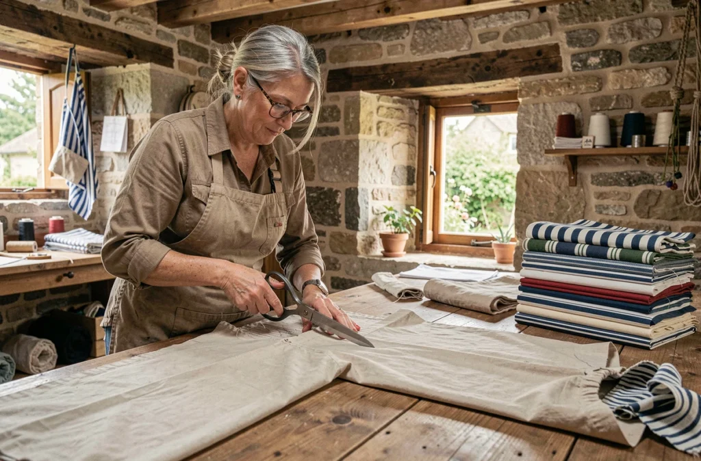 Tailleuse découpant du tissu à rayures bretonnes dans l'atelier De-File Couture à L'Hôpital-Camfrout