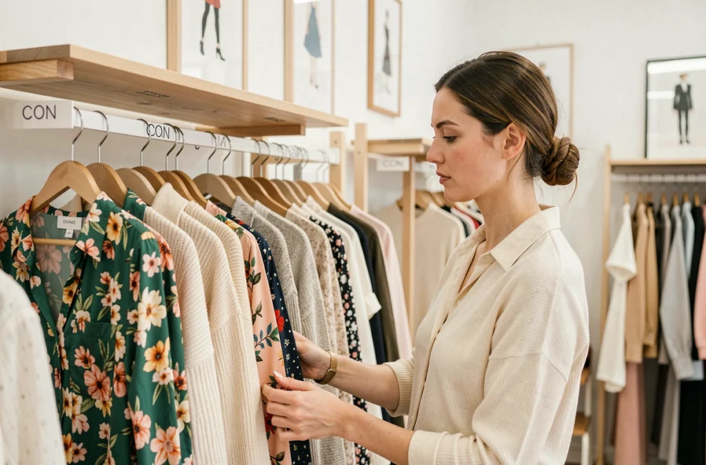 Femme élégante feuilletant des vêtements colorés chez Des Petits Hauts à Rennes, boutique au décor minimaliste en bois