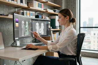 Designer mode utilisant le logiciel CLO pour créer des vêtements virtuels en 3D dans un studio moderne