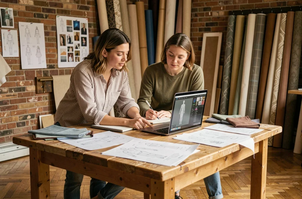 Deux designers mode collaborant autour d'un logiciel CLO avec des échantillons de tissus dans un atelier créatif