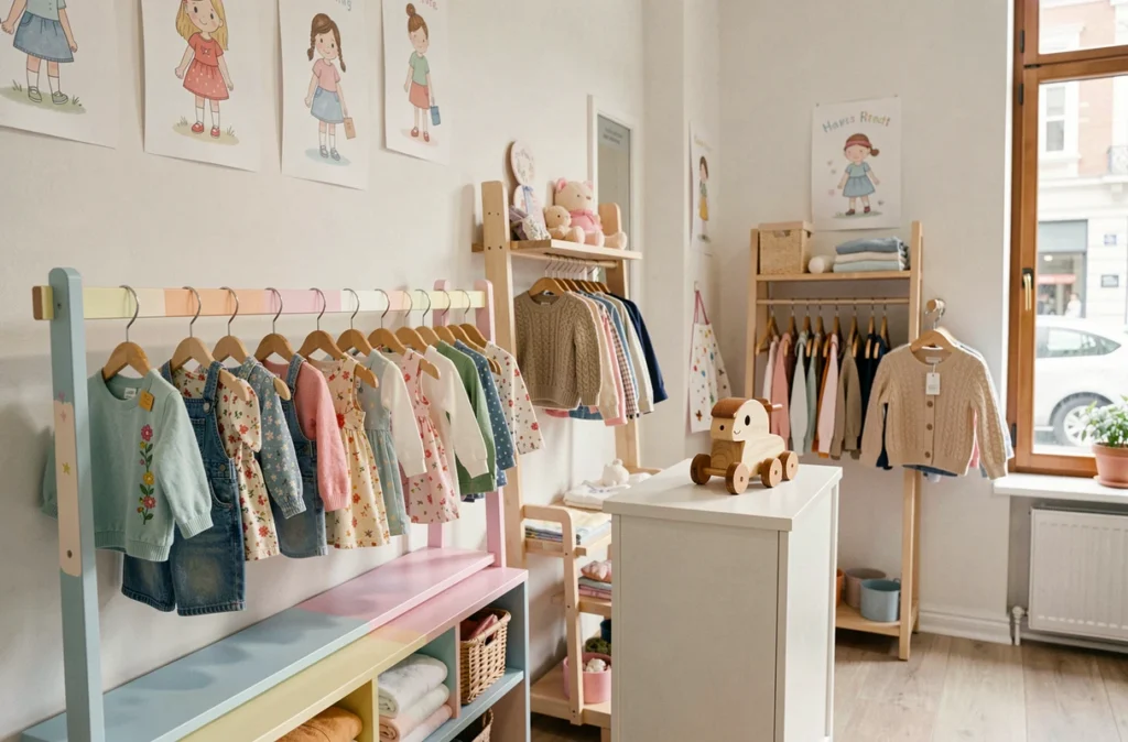 Présentoir de vêtements colorés pour enfants avec salopettes brodées et cardigans tricotés dans la boutique Diabolo Fraise à Brest