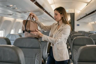 Femme plaçant un sac cabine pratique dans le compartiment supérieur d'un avion avec aisance
