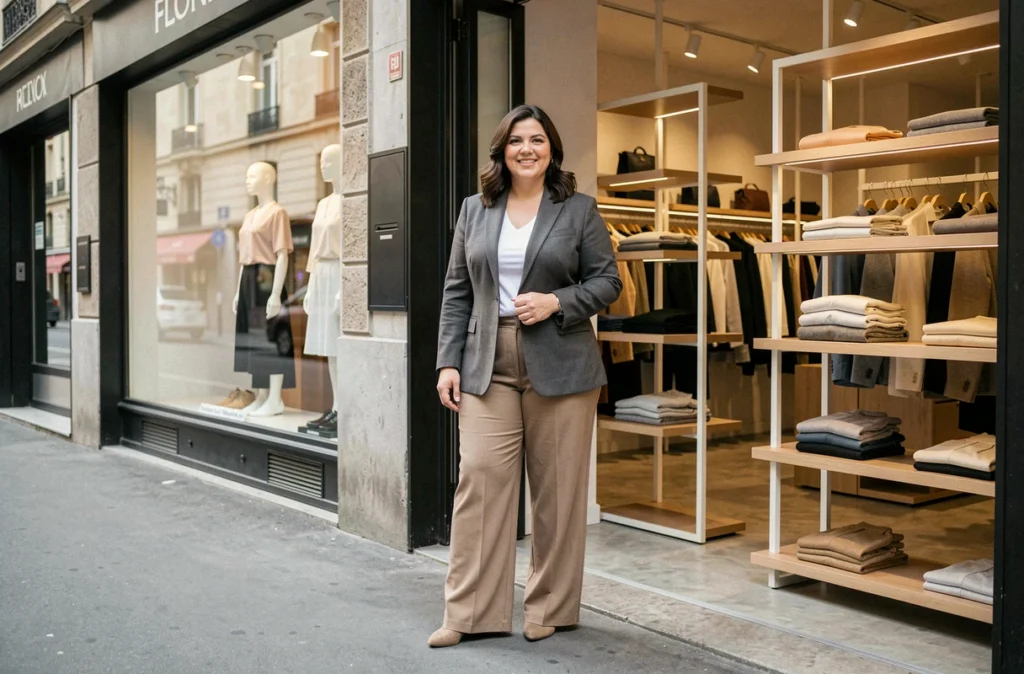 Femme grande taille en tailleur chic devant la devanture élégante de Femmes d'Affaires Plus à Tassin-la-Demi-Lune
