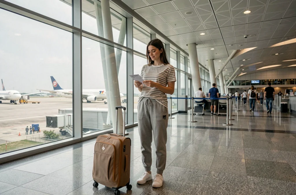 Jeune femme à la porte d'embarquement avec un sac cabine compact prête à voyager en avion