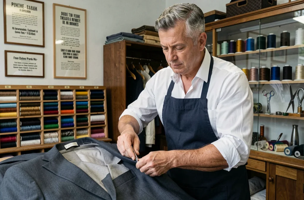 Tailleur professionnel décousant la doublure d'un costume classique avec soin dans la boutique établie de JP Retouches à Paris