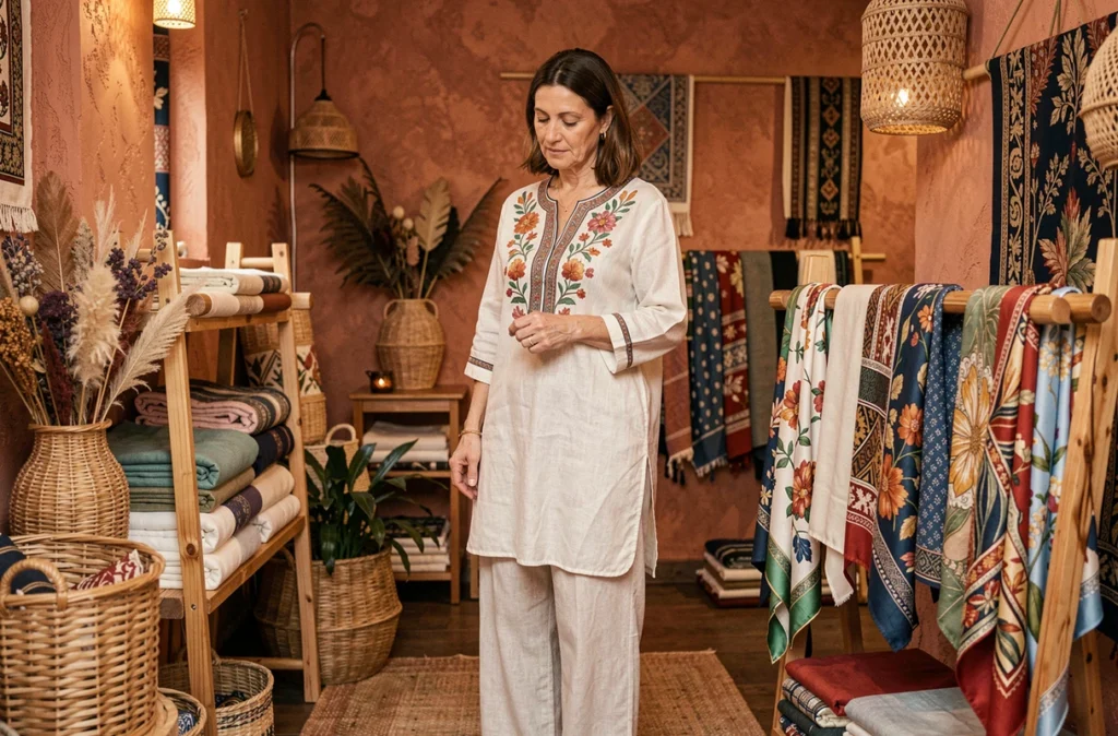 Femme en tenue lin parcourant les collections de La Fiancée du Mékong à Rennes, boutique au décor asiatique artisanal
