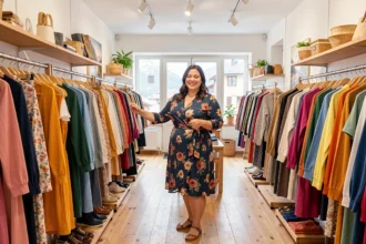 Femme ronde et souriante en robe fleurie parcourant des portants de vêtements grande taille dans une boutique lumineuse d'Auvergne-Rhône-Alpes