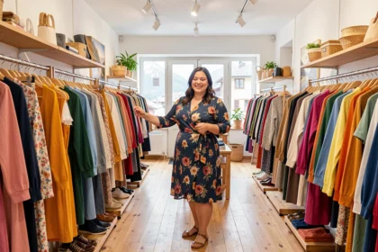Femme ronde et souriante en robe fleurie parcourant des portants de vêtements grande taille dans une boutique lumineuse d'Auvergne-Rhône-Alpes