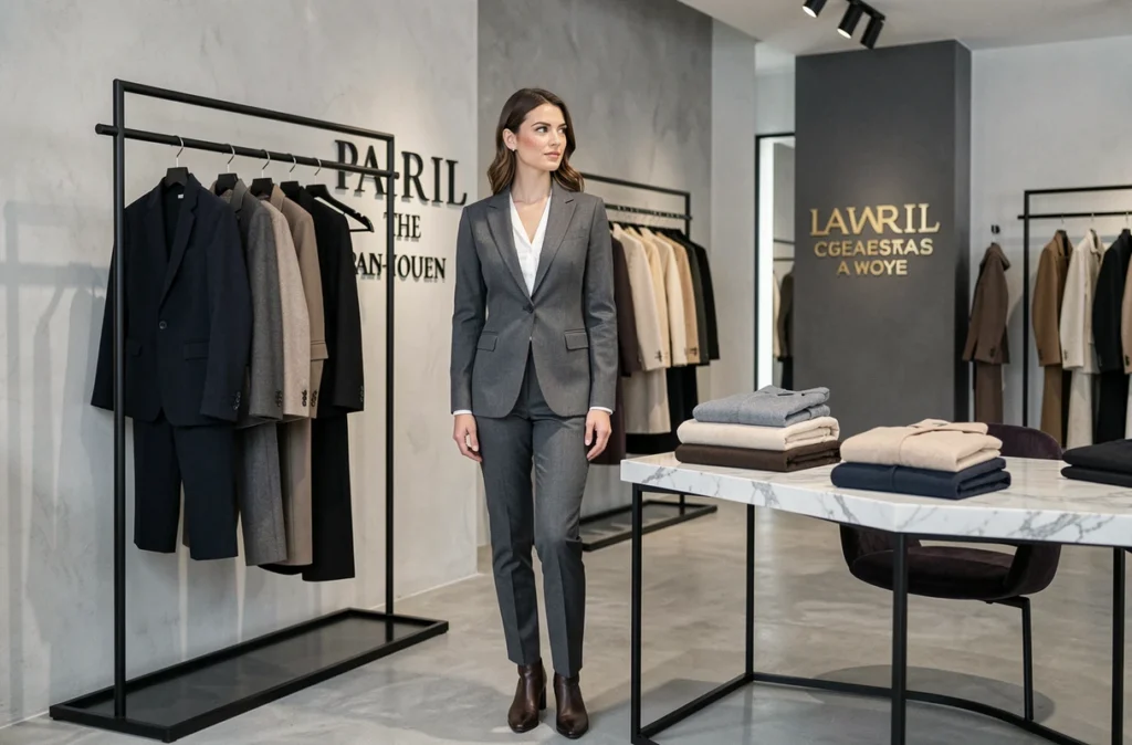 Femme élégante en blazer tailleur devant un portant de vêtements Maje dans une boutique chic de Rennes au décor épuré
