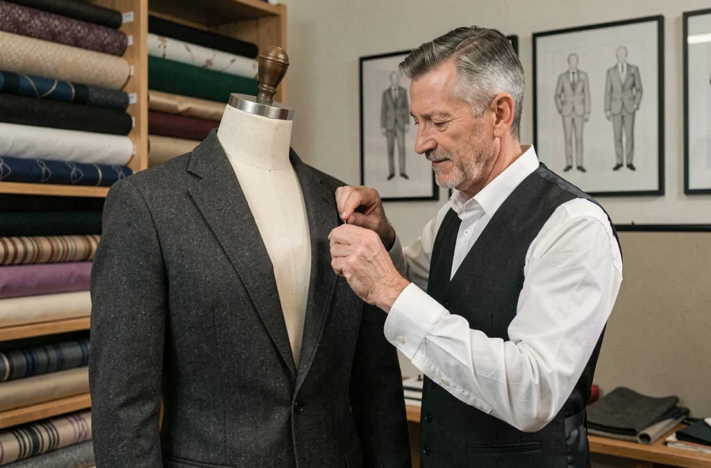 Tailleur masculin épinglant une veste sur mesure en laine grise dans son atelier de Saint-Brieuc