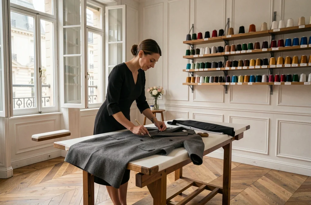 Couturière élégante traçant des mesures à la craie sur un manteau en laine dans l'atelier raffiné de Mazarine Retouche à Paris