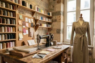 Intérieur d'une retoucherie parisienne artisanale avec machine à coudre vintage, bobines de fil colorées et présentoir à vêtements