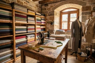 Atelier de tailleur breton traditionnel avec tissus en laine, machine à coudre vintage et mannequins de couture dans un cadre en pierre