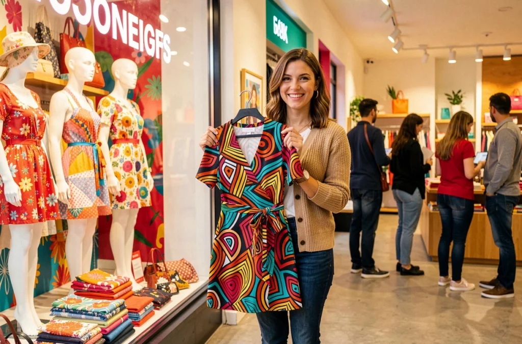 Femme souriante tenant une robe imprimée Naf Naf devant une vitrine colorée animée dans une boutique de Rennes