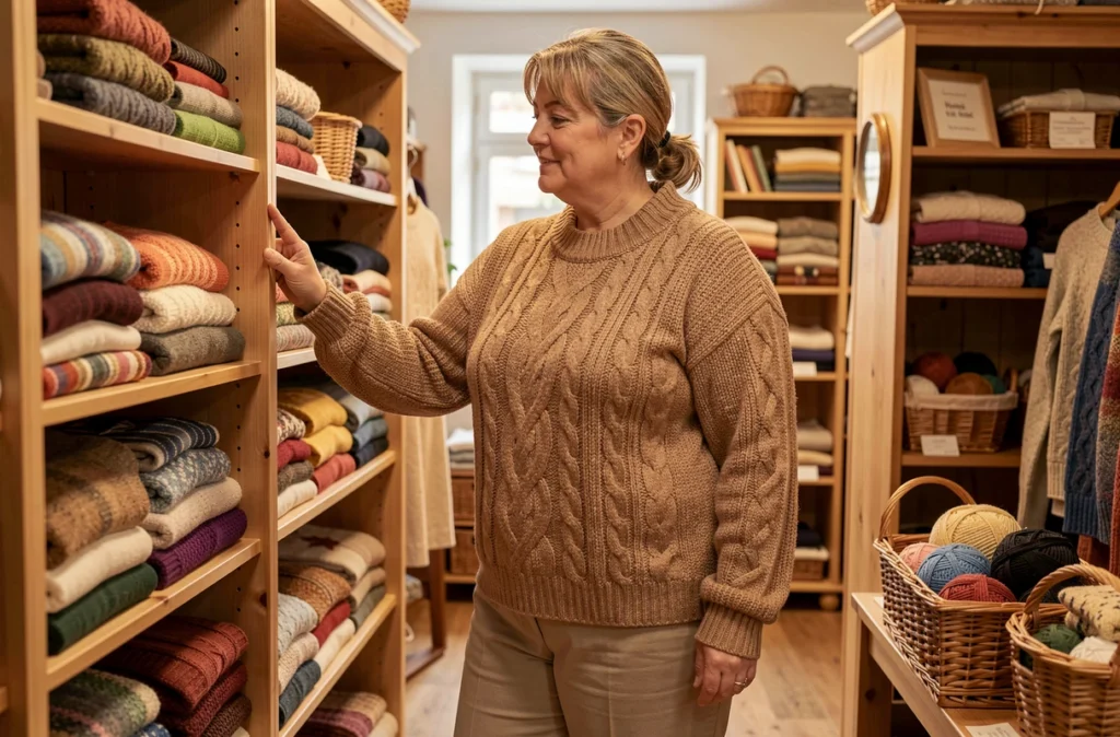 Femme grande taille en pull torsadé explorant les rayons de maille colorée de Planète Pulls à Vichy, boutique spécialisée en tricots grande taille dans l'Allier