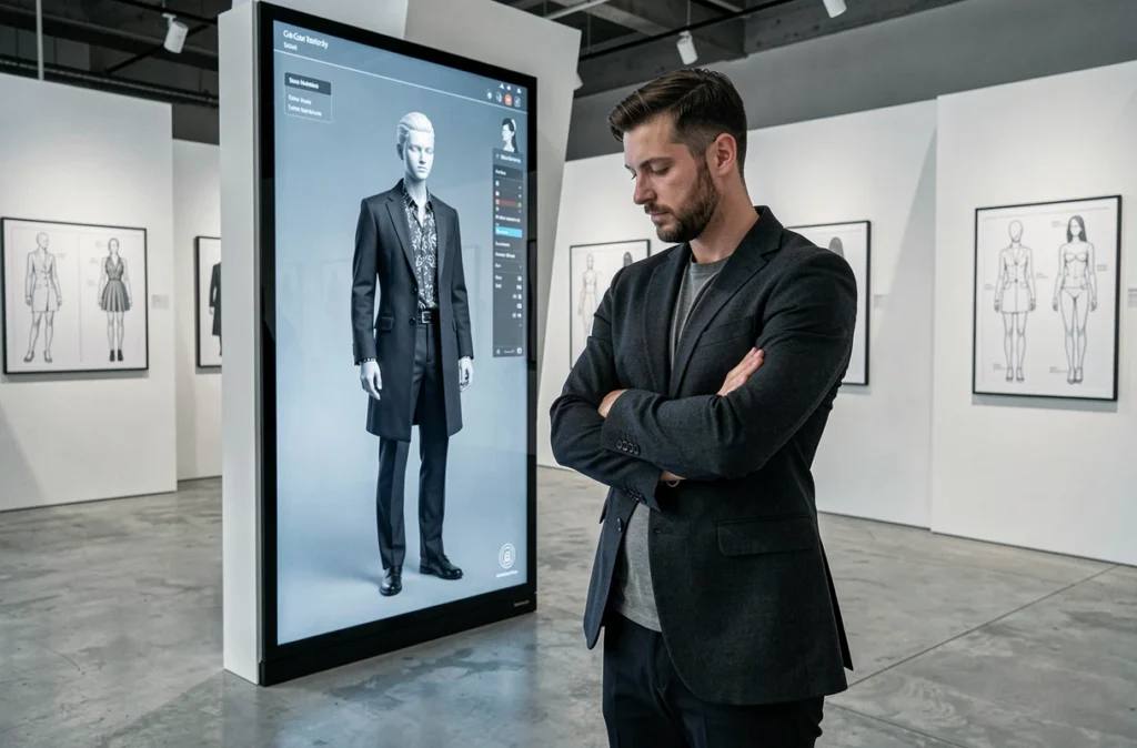 Professionnel de la mode évaluant une collection virtuelle 3D sur un écran tactile dans un showroom technologique