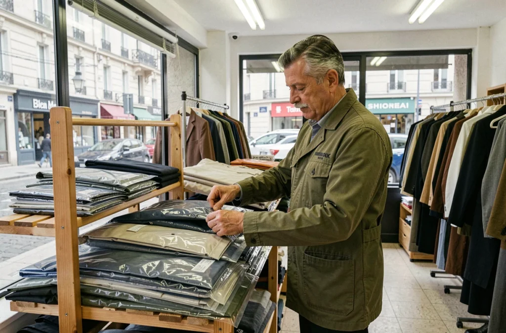 Homme organisé rangeant des vêtements retouchés emballés dans un atelier de quartier animé appartenant à Retouche Tout à Paris
