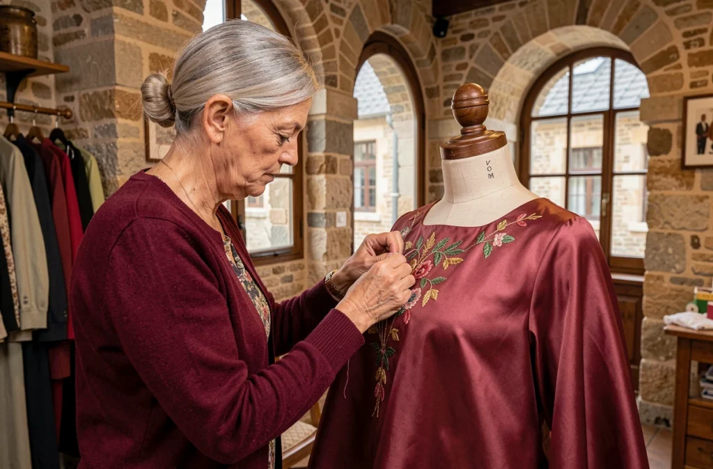Couturière expérimentée brodant à la main une robe en soie dans l'atelier chaleureux de la Retoucherie Marais avec ses murs en pierre
