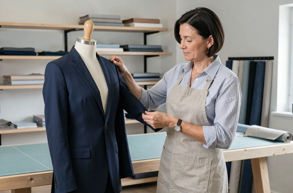 Tailleuse mesurant une manche de veste marine dans l'atelier Tadyber à Brest