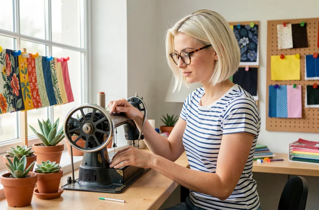 Jeune couturière créative enfilant une machine à coudre vintage dans le studio moderne et lumineux de Zelda Retouche