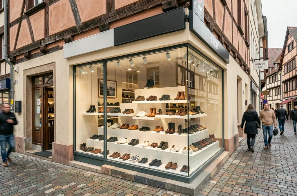 Devanture d'un magasin de chaussures dans le centre historique d'une ville du Grand Est