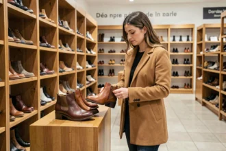 Femme examinant des bottines en cuir dans un magasin de chaussures du Grand Est